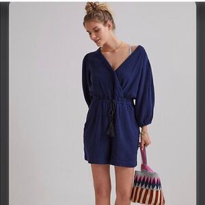 Anthropologie Celia Gauzy Romper Women's size XS navy‎ blue faux wrap drawstring